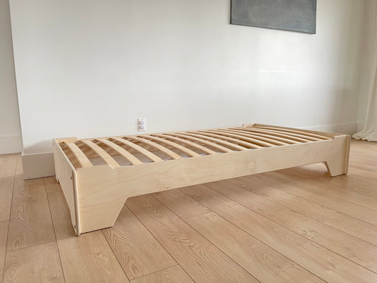 Flippable montessori floor bed  showing baltic birch slats